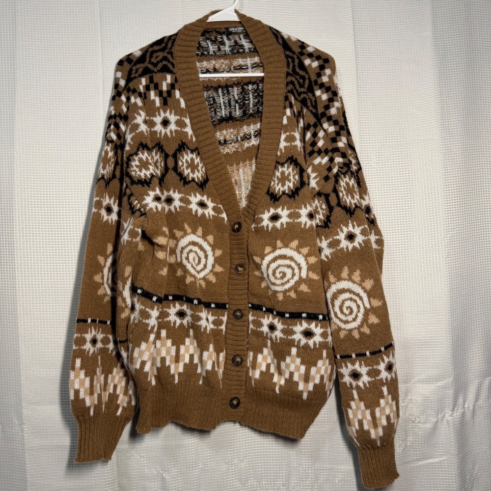 Shein Curve Cardigan 3XL Brown Southwestern Sun Pattern Button Front Sweater